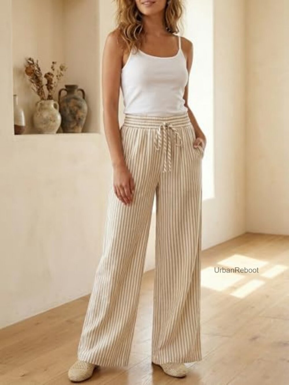 High Waisted Striped Wide Leg Palazzo Pants with Pockets - Picture 3 of 7